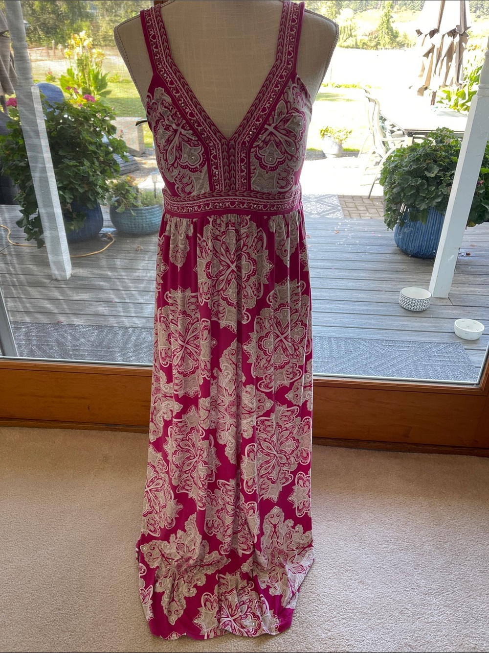 INC International Concepts Fuchsia and Cream V-Neck Empire Waist Maxi Dress